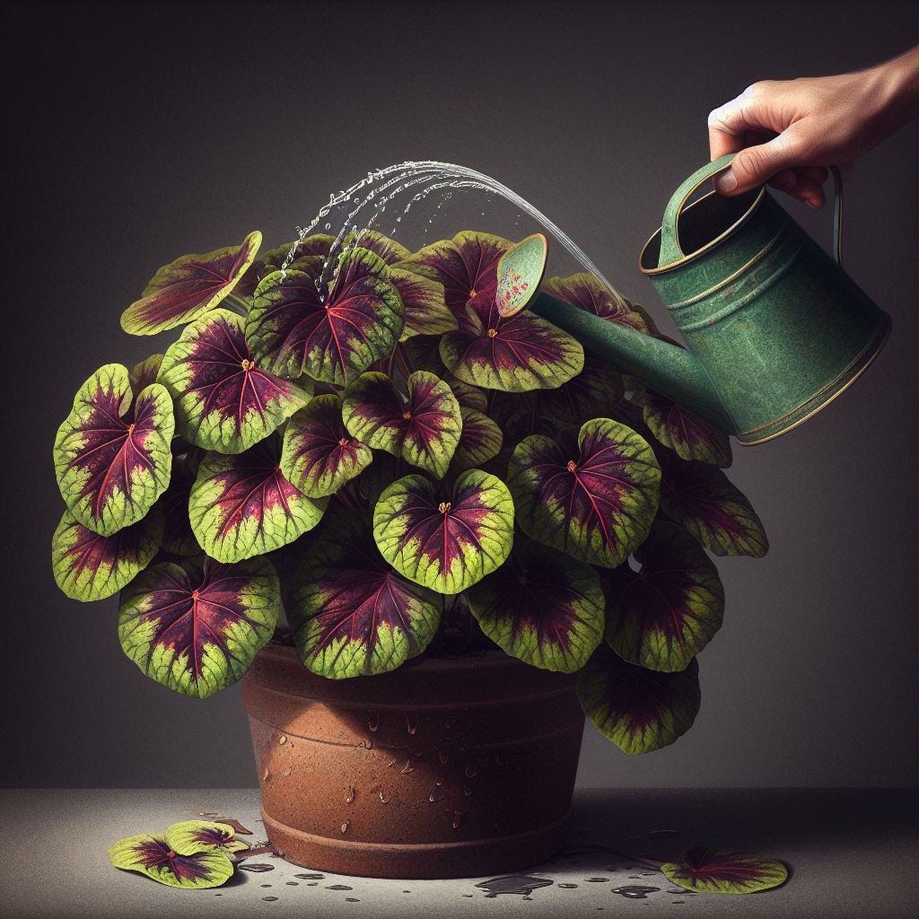 begonia chlorosticta plant in a plant pot being watered with a watering can