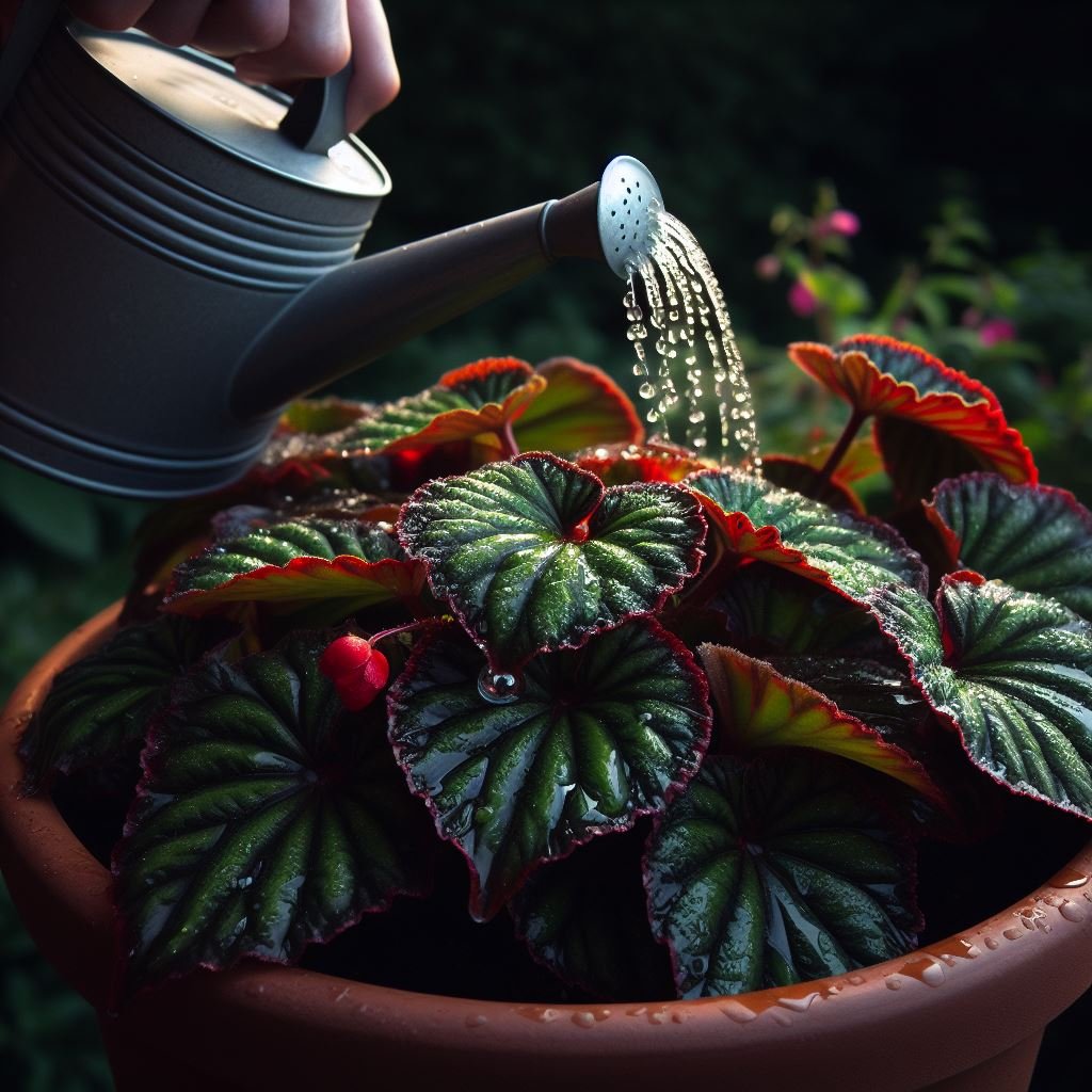begonia thurstonii in a plant pot being watered by a watering can